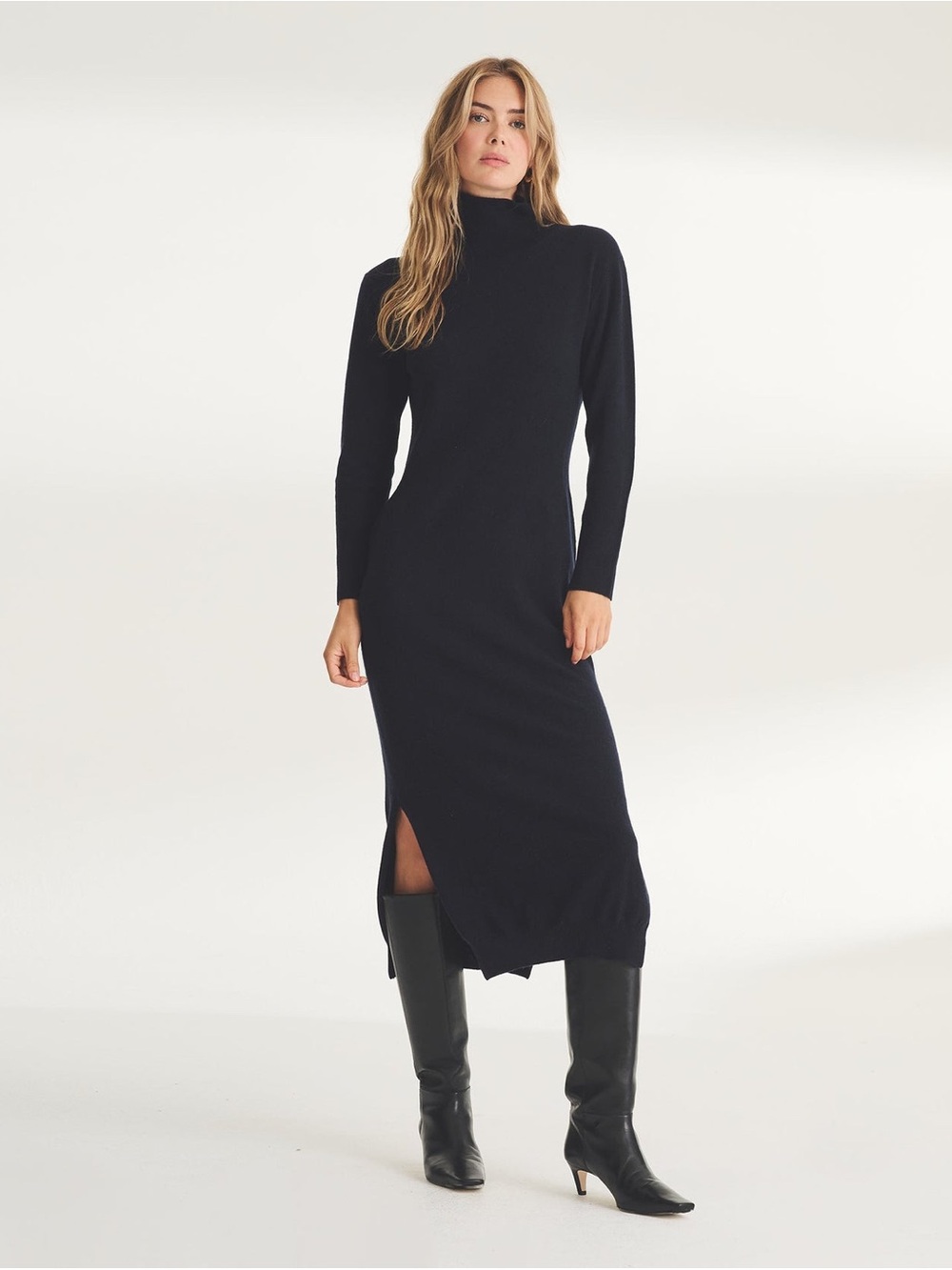 NAADAM Signature Cashmere Turtleneck Dress with Slits Black